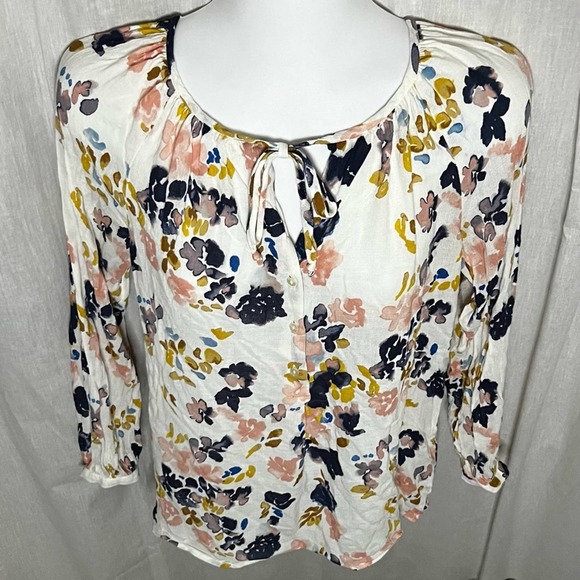 Lucky Brand White & Multicolor Floral-Print Peasant Tie Neck Crepe Blouse - Picture 13 of 16